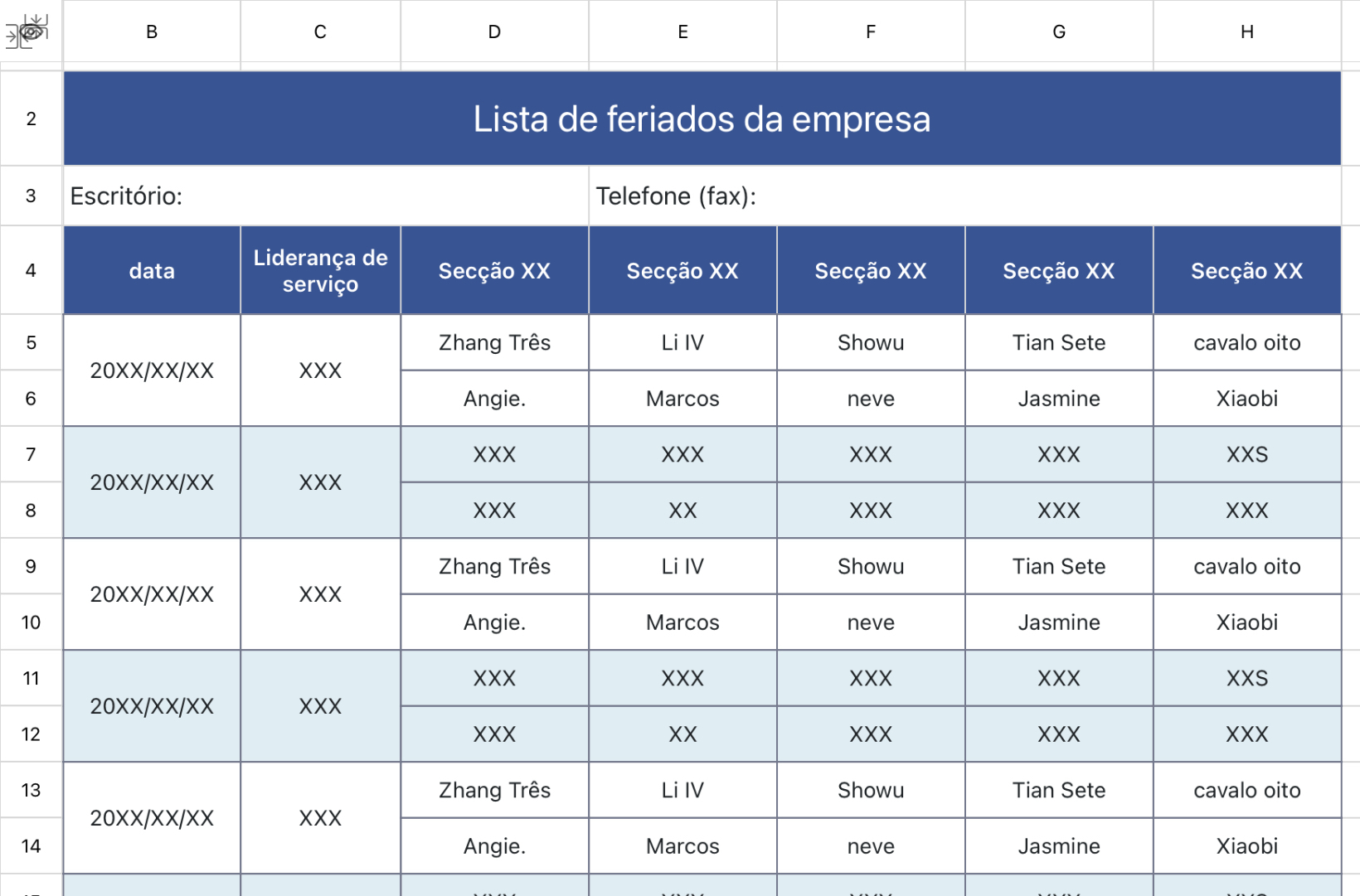 Lista de feriados da empresa